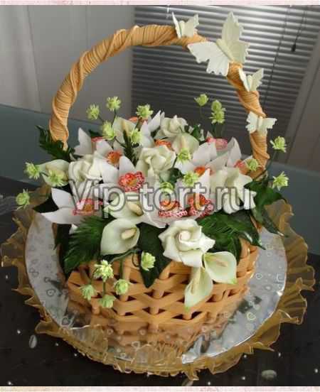 Торт на юбилей "Корзина с орхидеями, розами и каллами"
