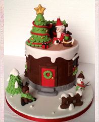 новогодний торт "Санта с подарками возле ёлочки"